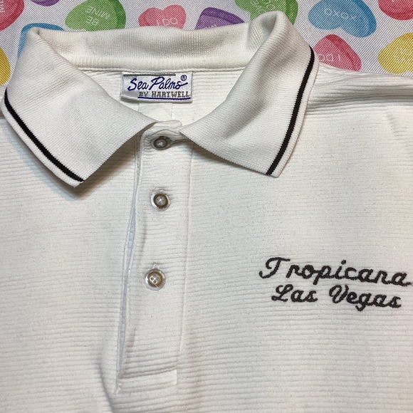 Sea Palms TROPICANA LAS VEGAS Men’s Cream Collar Short Sleeve Polo Ribbed Shirt - Picture 2 of 4